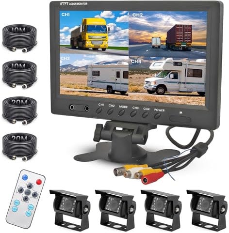 Fuluku Rückfahrkamera 4 Kameras Set mit 9 Zoll Wasserdicht Nachtsicht Monitor, 4 Kabel Kamera mit 2x10m + 2x20m Kabel für LKW/Anhänger/Bus/Van 12-24V