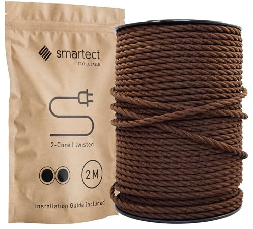 smartect Cavo Elettrico Tessile intrecciato Marrone, 2 Metri Filo Elettrico Vintage, Bipolare (2 x 0.75mm²) Cavo Elettrico Rivestito in Tessuto per Fai da Te