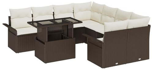 vidaXL 9-teiliges Gartensofa-Set mit Kissen in Braun aus Poly-Rattan. Modulares Tisch-Design, ideal für Balkon, Terrasse und L-förmige Sitzgruppen im Außenbereich.