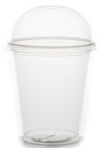 Commerline Lot de 100 gobelets à smoothie de 300 ml avec couvercle dôme avec fente, gobelets en plastique à emporter + couvercle dôme avec ouverture, gobelet à dessert, gobelet à thé à bulles en