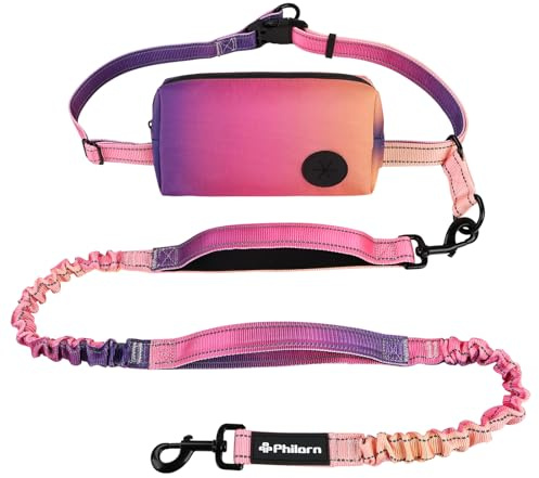 Philorn Handfree hundkoppel med justerbart midjebälte | för medelstora stora hundar, midjekort för löpning, promenader, jogging, vandring med dubbla handtag och hållbar bungee
