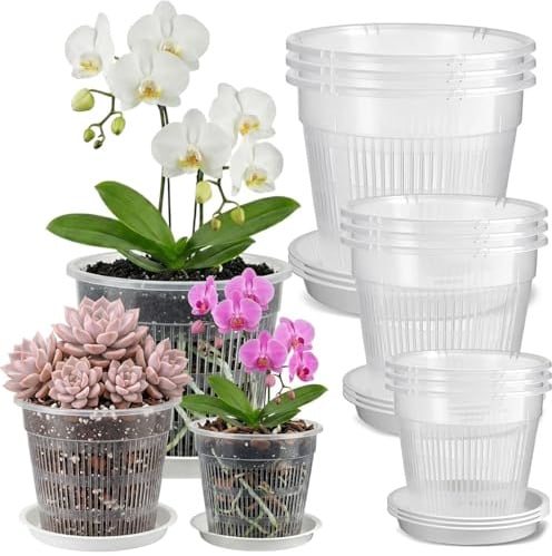 Gykutix 9 Pezzi Vaso Trasparente per Orchidee, Vasi per Orchidee, Vaso Plastica Trasparente con Fori di Drenaggio e Piattini, per Interni ed Esterni, Ideale per Phalaenopsis, Dendrobium (11/14/16 cm)