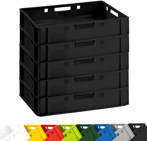 Fleischkiste E1 60x40x12,5 cm Schwarz Eurobox Stapelkiste 5er Set Lager | BURI Metzgerkiste Made in Germany, lebensmittelecht, stapelbar und robust als Lagerbox für Gastronomie und Haushalt