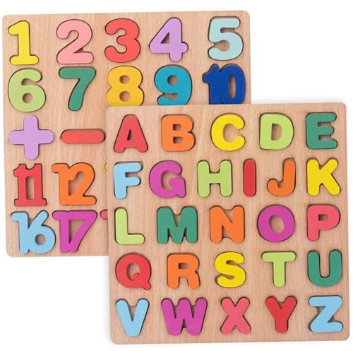 2-teiliges Kleinkind-Puzzle in Alphabet- und Zahlenform aus Holz – pädagogische Vorschul-Lernaktivitäten für Jungen und Mädchen im Alter von 2–5 Jahren
