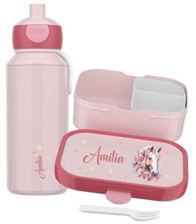 Mepal Set Brotzeitdose & Trinkflasche personalisiert, Brotdose Kinder mit Fächern, Lunch Box & Wasserflasche mit Name, auslaufsicheres Bento Box Set mit buntem Aufdruck Pferd (pink)