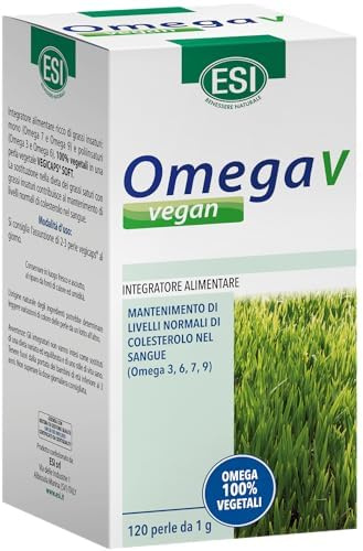 ESI, Omega V Vegan, Integratore Alimentare di Acidi Grassi Omega 3, 6, 7, 9 con Olio di Semi di Lino, Contribuisce ai Normali Livelli dei Colesterolo, Senza Glutine e Vegano, 120 Perle