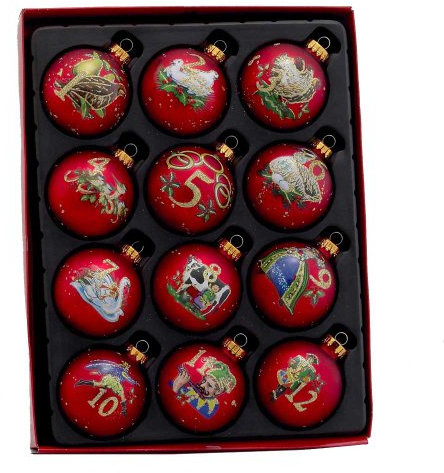 Kurt Adler 12-Piece 12-Days of Christmas Decorative Glass Balls Set, 65mm