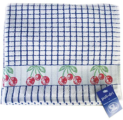Samuel Lamont & Sons Poli-dri Jacquard Tea Towel Blue Cherries, Size 50cm x 70cm, 100% Cotton Terry Towelling, Ultra-absorbent & Super Soft , Machine Washable, Blue, One Size,Black