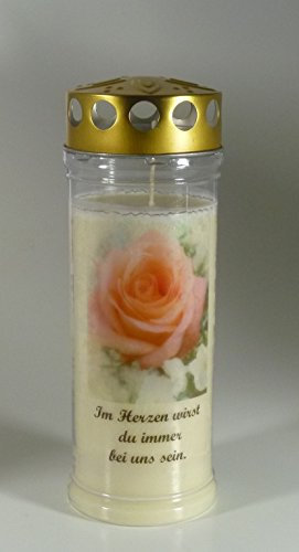 Grablicht-Kerze 20/7 cm - Rose A - 3751 - Im Herzen ... - 7 Tage Brenndauer – (Ewiglicht-Ölkerze)-Grabkerze mit Motiv und Spruch - Trauerkerze mit Foto und Spruch
