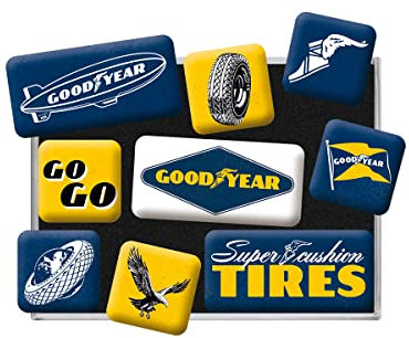 Nostalgic-Art Retro Kühlschrank-Magnete, 9 Stück, Goodyear – Logos – Geschenk-Idee für Motor-Fans, Magnetset für Magnettafel, Vintage Design