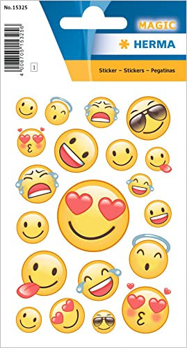 HERMA 15325 Aufkleber Smiley klein groß, 19 Stück, Belohnung Sticker mit Emoji Gesicht Motiv, Kinder Etiketten für Fotoalbum Tagebuch Poesiealbum Scrapbooking Geburtstag Dekoration Briefe DIY Basteln