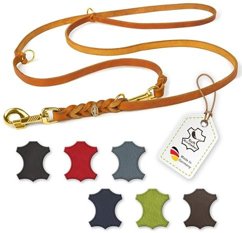 CopcoPet Hundeleine aus Fettleder 2m x 8mm Cognac – 3-Fach verstellbar, geflochten – Mit Messingbeschlägen – Grifffest, robust – Umhängeleine für kleine Hunde, ideal für Spaziergang, Training