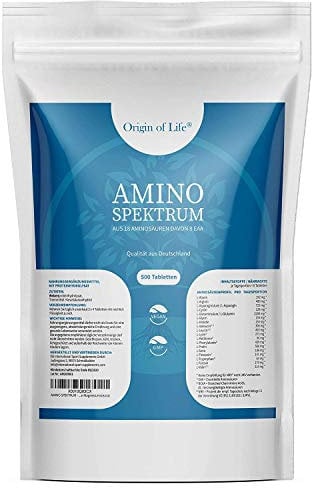 Amino Spektrum - 500 Tabletten a 1000mg - Hochdosiert & Vegan - Big Pack - 18 Aminosäuren inkl. 8 EAA´s & BCAA - Laborgeprüft - ohne Magnesiumstearat