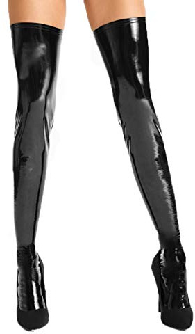7-Heaven Schwarze wetlook Lack Strümpfe Damen Stockings selbsttragend dehnbar