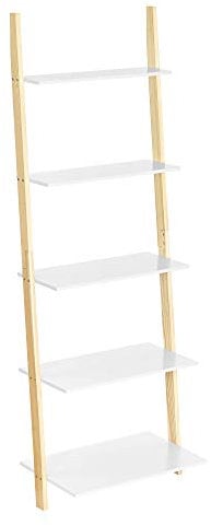 VASAGLE Ladder Shelf, 5-Tier Bookshelf Rack, Wall Shelf for Living Room, Kitchen, Office, Solid Wood Frame, Simple Assembly, Leaning Against the Wall, Matte White and Natural Colour LLS201N01