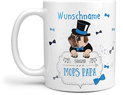 Sunnywall® Tasse Wunschname Stolzer Mops Papa Kaffeebecher individuell Lieblingstasse Geburtstags-Tasse personalisiert Geschenk-Tasse inkl. Geschenkkarte