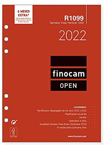 Finocam - Jahresnachfüllung 2022 senkrecht, Januar 2022 bis Dezember 2022 (12 Monate) 1000-155 x 215 mm, offen Spanisch.