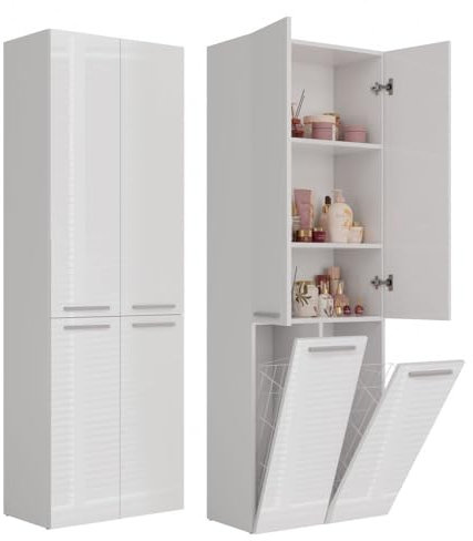 ADGO Badezimmerschrank mit Wäschekorb Nel - Kleiderschrank - Badezimmermöbel - Badezimmerregal - Aufbewahrungsschrank - Bad Hochschrank - Badezimmerschrank Hoch - Mehrzweckschrank - Wäscheschrank