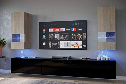 Furnitech Wohnwand Wohnzimmer - Wohnzimmer Möbel mit LED RGB - 16 Farben - Hängend Wohnwand Modern - Wohnzimmer Schrankwand mit Regale und TV Schrank (Sezana AN21-18SB-HGM8 1B)