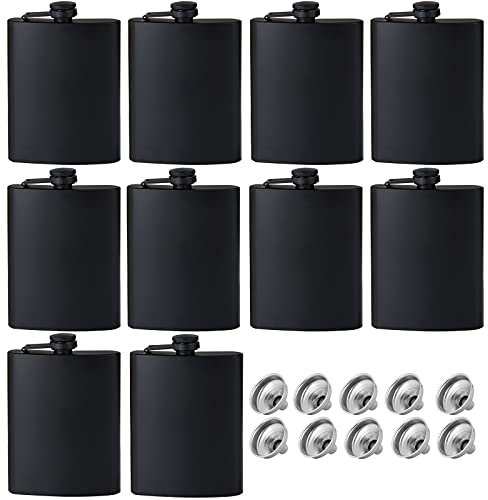 10 x Flachmann für Likör für Herren, mattschwarzer Edelstahl, auslaufsicher und Trichter, mit nie verlierender Metallkappe, Trinkflaschen für Hochzeit, Party, Geschenk, Outdoor-Aktivitäten (237 ml)