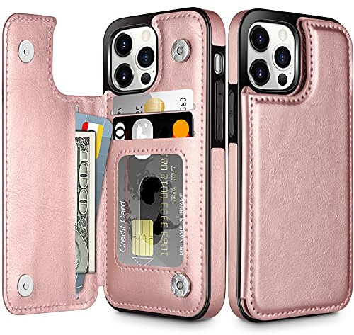 Coolden Compatible with iPhone 13 Pro Case Wallet Case Shockproof with Card Holder Flip Folio PU Leather Magnetic Closure Protective Case Cover Compatible with iPhone 13 Pro Phone Case (Rose Gold)