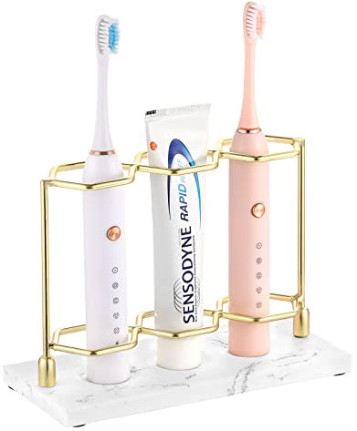 Emibele Toothbrush Holder, Resin Electric Toothbrush Holder with 3 Slots 2 Layers, Non-Slip Bathroom Accessories Organizer Toothbrush Toothpaste Razor Cleanser, Gold + Marble White
