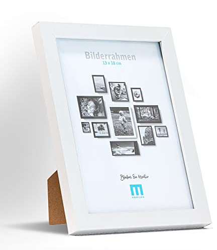 M MERCEO Zeitlos, moderner Bilderrahmen aus MDF, weiß für 13x18cm kleine Fotos und Bilder. Inkl. Acrylglasschutz. Er eignet sich als Tisch-Aufsteller und für die Wand, im Hochformat oder Querformat.