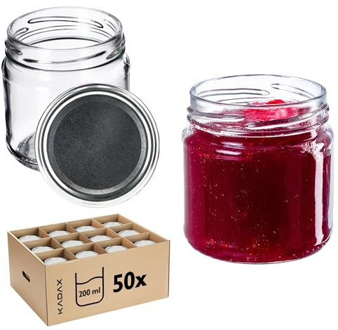 KADAX Lot de 50 petits bocaux à confiture, ronds, 200 ml, diamètre : 66 mm, pour miel et épices, hermétiques, argentés