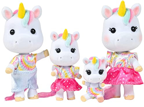 Sunny Days Entertainment Honey Bee Acres Rainbow Ridge Daydreamers Unicorn Family – 4 Miniature Flocked Dolls | Small Fantasy Collectible Figures | Pretend Play Toys for Kids
