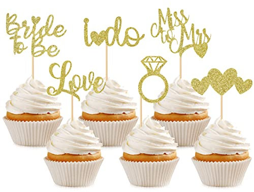 24 Stück Bride to Be Cupcake-Topper Glitzer Herz Ring Miss To Mrs Cupcake Picks Kuchen Dekorationen für Brautdusche Hochzeit Verlobung Junggesellinnenabschied Zubehör Gold
