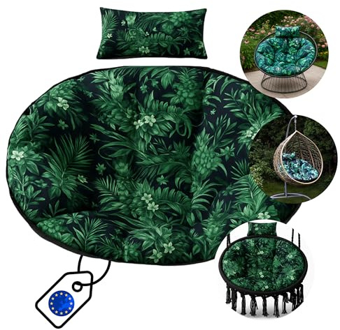 Hängesessel Kissen Polster Auflage für Hängeschaukel – Runde gesteppte Sitzauflage für Hängekorb mit Rückenkissen, Gartenstuhl Kissen, Sitzkissen Indoor & Outdoor, Dekokissen für Hängekorb (Blätter)