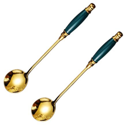 2 PCS Gold Long Handle Spoons - Round Gold Handle Coffee, Tea & Dessert Spoons - Stainless Steel