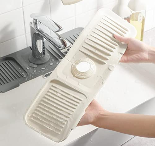Morices Silicone Faucet Handle Drip Catcher Tray, Kitchen Faucet Absorbent Mat Soap Holder, 37 x 14cm Bathroom Large Sink Faucet Splash Guard, Beige