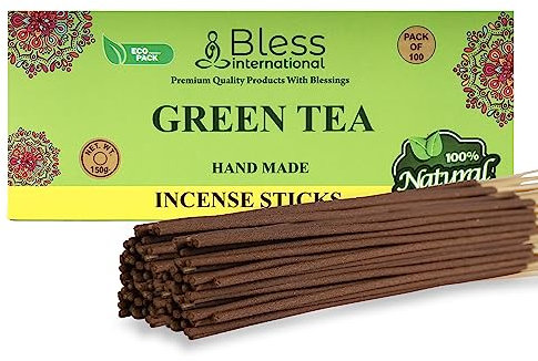 Bless-GREEN-TEA-Incense-Sticks 100%-Natural-Handmade-Hand-Dipped-Incense-Sticks Organic-Chemicals-Free For-Purification-Relaxation-Positivity-Yoga-Meditation The-Best-Woods-Scent (100 Sticks(150GM))