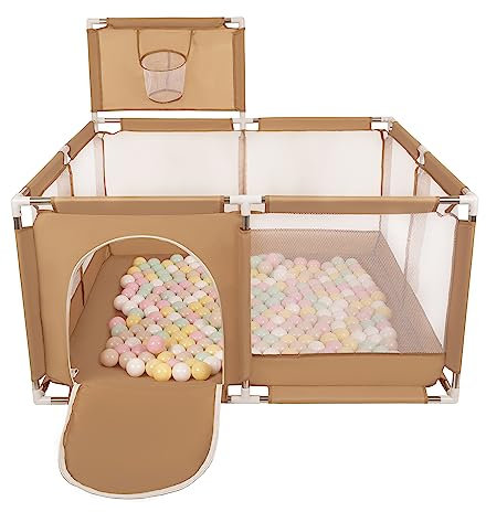 Selonis Laufstall Mit Korb Und 400 Bälle Laufgitter Für Kinder, Beige:Pastellbeige/Pastellgelb/Weiß/Minze/Puderrosa