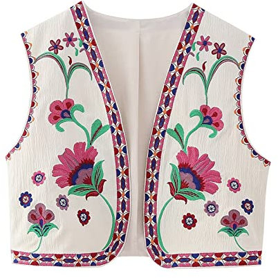 Yoisdtxc Gilet sans manches pour femme - Motif floral brodé - Style ethnique rétro, A - Rose, S