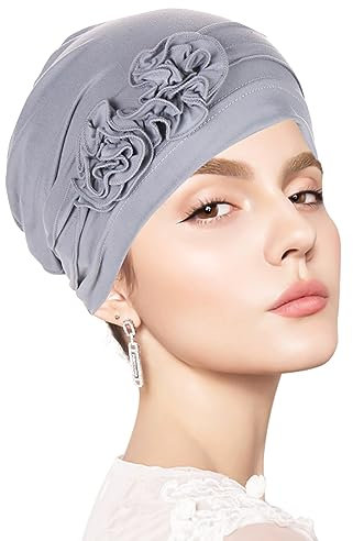 WUERKIYA Turban-Hüte mit Blumenmotiv, Damen Summer Beanie Mütze, Slouchy Turban Beanie Mütze, Kopftuch für Damen, Weiche und Bequeme Strickmütze, Chemo Headwear Turban Cap Winter Herbst Warme - Grau