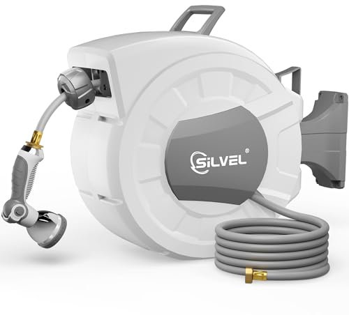 SILVEL Einziehbare Gartenschlauchtrommel, 1,27 cm x 30,5 m, Wandhalterung, robuste, automatische Schlauchtrommel mit 10 Muster-Düse, Verriegelung und langsamem Rücklaufsystem, 180°-Drehhalterung