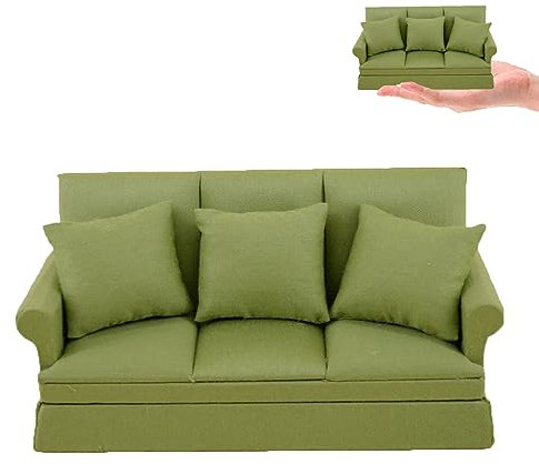 Puppenhaus Zubehör, Mini Puppenhaus Sofa, Maßstab 1:12, DREI Personen Miniatur Sofastuhl mit 3 abnehmbaren Kissen, niedliches Puppenhaus Möbelzubehör für Weihnachtsdekoration