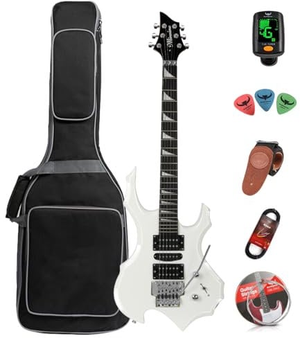 Bullfighter E-Gitarre für Erwachsene, Anfänger, Rockgitarre, professionell, mit Gitarrentasche, Plektren, Kabel, Stimmgerät, Gurt und Saiten (White)