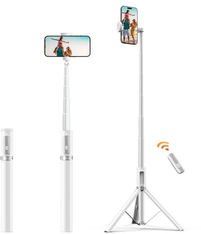 ATUMTEK Palo de Selfie 157cm - Trípode de Aluminio Extensible con Control Remoto Bluetooth Recargable - Compatible con iPhone, Samsung y Android Viajes, Vlogs, Videos y Foto (Blanco)