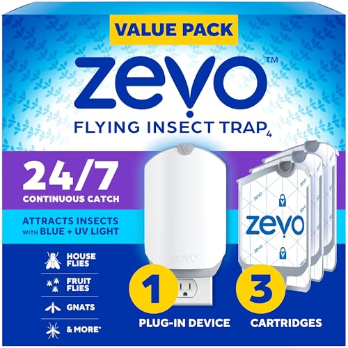 Zevo Flying Insect Trap, Fly Trap + Refill Cartridge Pack (1 Plug-in Base + 3 Total Refill-patroner)