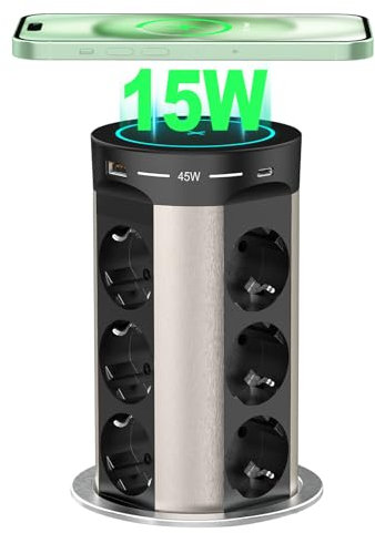 Versenkbare Tischsteckdose mit USB C PD75W, 12 Fach Einbausteckdose Versenkbar mit 15W Kabelloses Laden, Tisch Steckdosenleiste für Arbeitsplatte Küche, 2M Kabel, D 100MM