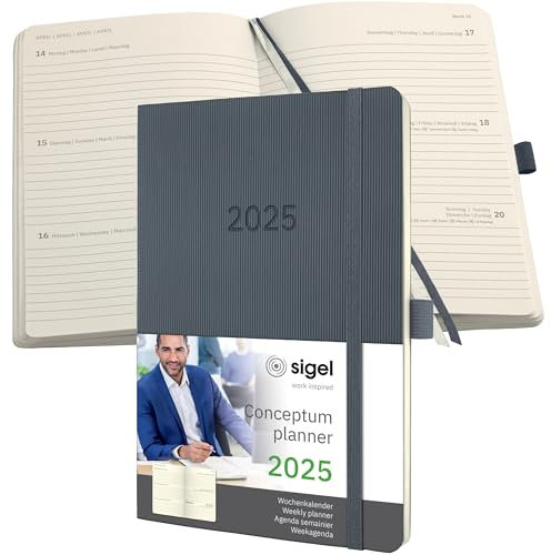 SIGEL C2536 Wochenplaner Wochenkalender 2025, ca. A5, dunkelgrau, Softcover, 192 Seiten, Gummiband, Stiftschlaufe, Archivtasche, aus nachhaltigem Papier, Conceptum