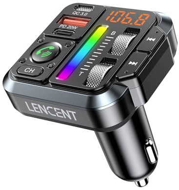 LENCENT Transmisor FM Bluetooth 5.3 para Coche, Reproductor Música con Sonido de Agudos y Graves Ajustable, Adaptador Radio Carga Rápida PD 20W y QC 3.0, Llamadas Manos Libres, Siri Google Assistante