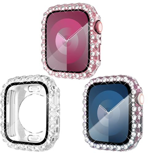 KADES 3er-Pack kompatibel mit Apple Watch Series 9 Displayschutzfolie 45mm Spitzenkante,vollständig wasserdichter Bumper,iWatch 45mm Hülle Mit Glas Displayschutz Series 9 8 7,Rosa/Irisierend/Klar