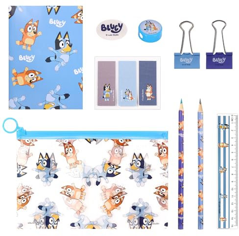 Bluey Juego de 9 estuches transparentes con relleno de papelería, impermeables, para niños, niñas, niños, escuela, viajes, exámenes, multicolor, Estuche para lápices