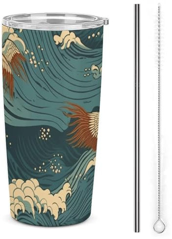 Gobelet en acier inoxydable de 591 ml avec couvercle et paille - Double paroi isotherme sous vide - Anti-fuite - Papier peint de vague japonaise - Tasse à café de voyage pour boissons chaudes et
