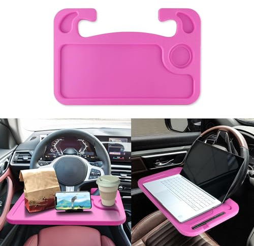 HEVLE Car Steering Wheel Desk, Car Table Tray, Car Food Tray for Eating with Drinks Holder, Steering Wheel Laptop Holder, Car Accessories Fits Most Vehicles Steering Wheels (Pink)