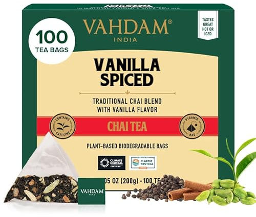 VAHDAM Tè Chai alla Vaniglia Speziato | 100 Filtri Piramidali | Miscela di Tè Nero Indiano con Vaniglia, Cannella, Cardamomo, Chiodi di Garofano e Zenzero | Gusto Intenso | Sottovuoto